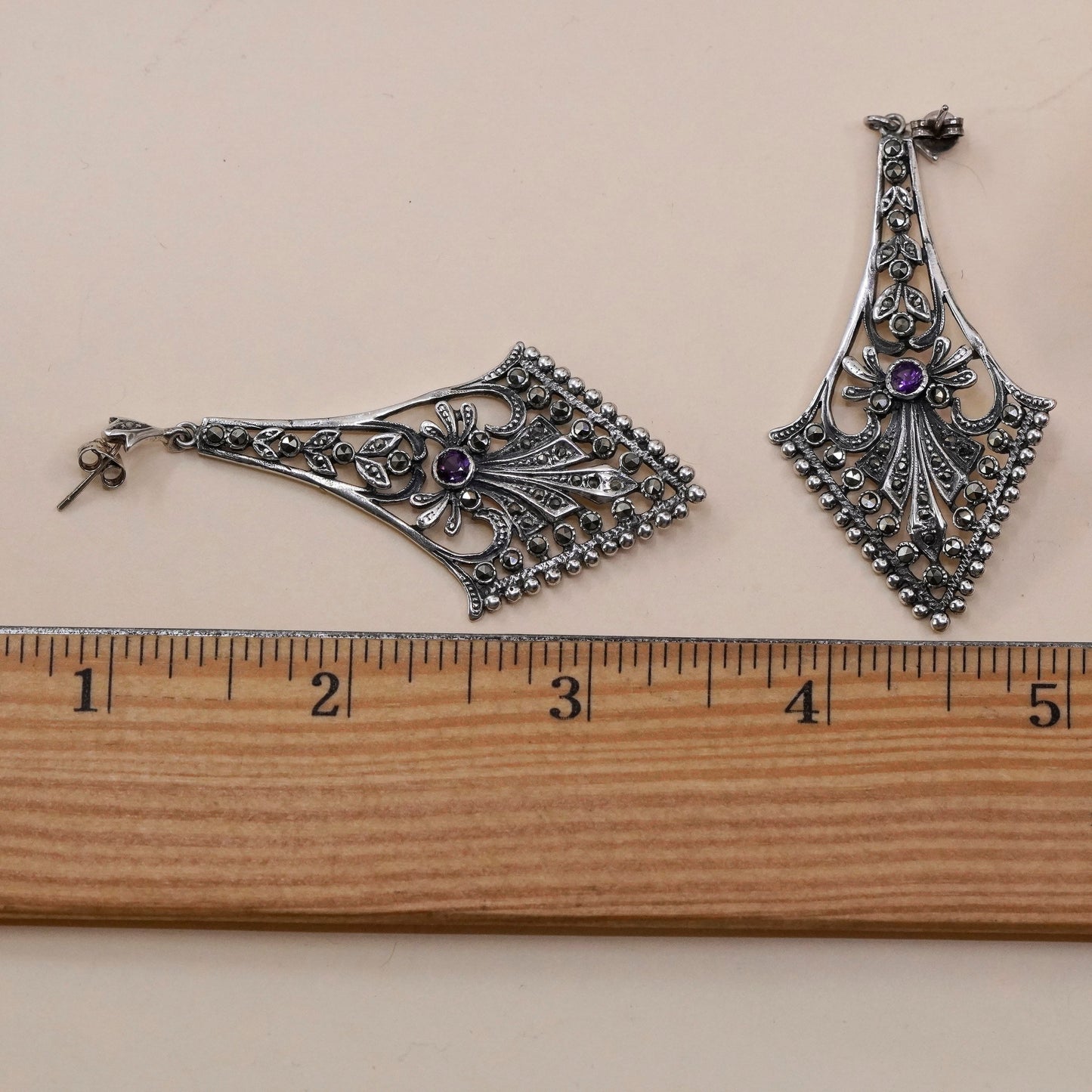 Vintage Sterling silver handmade earrings, 925 teardrop with marcasite amethyst
