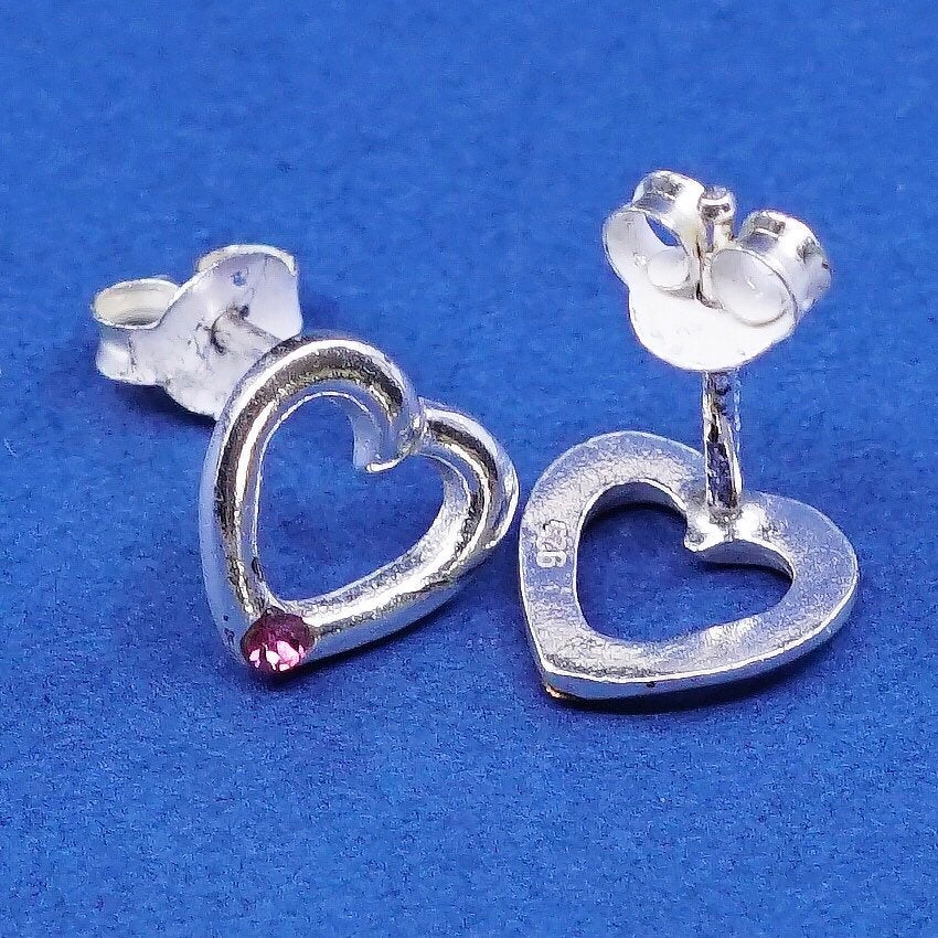 vtg Sterling silver handmade earrings, 925 heart studs w/ pink crystal