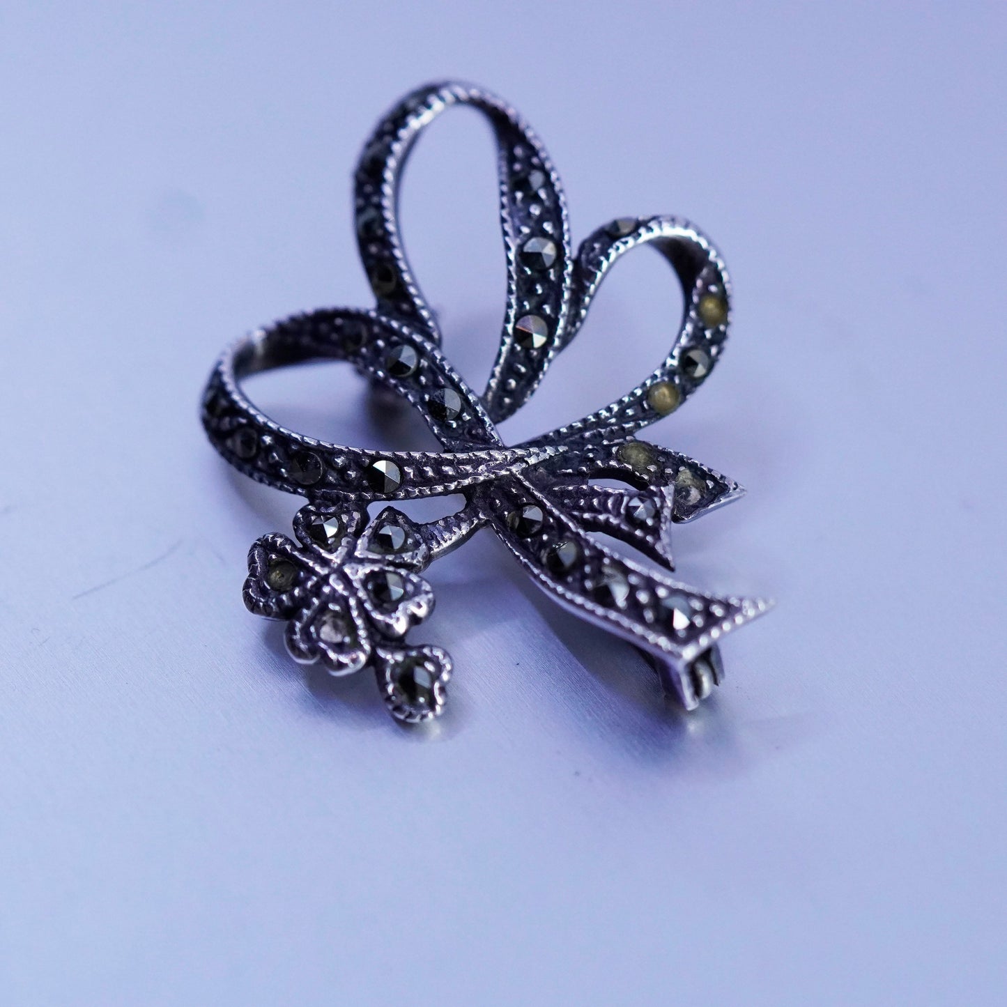 Vintage sterling silver handmade brooch, 925 ribbon bow pin with Marcasite