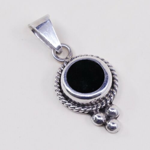 Vtg Mexico OS Sterling 925 Silver Slide Pendant W/ Round Black Onyx, Stamped 925