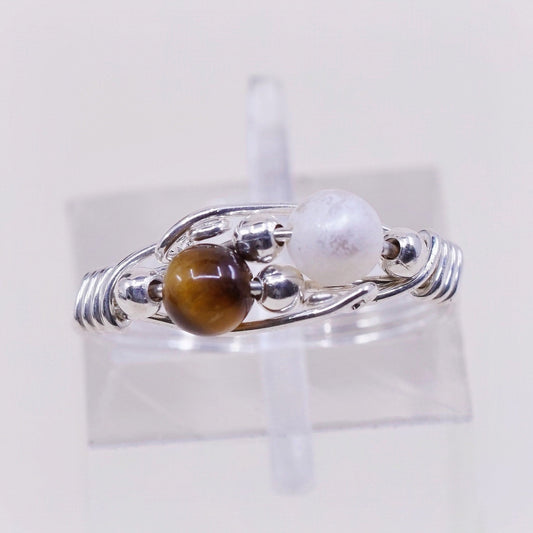 Size 5, VTG sterling 925 silver handmade wired ring w/ tiger eye N pearl bead