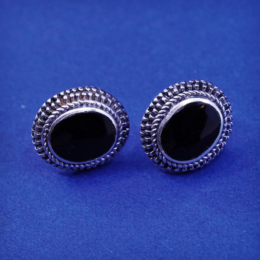 vtg sterling silver handmade earrings, 925 studs with obsidian and beads