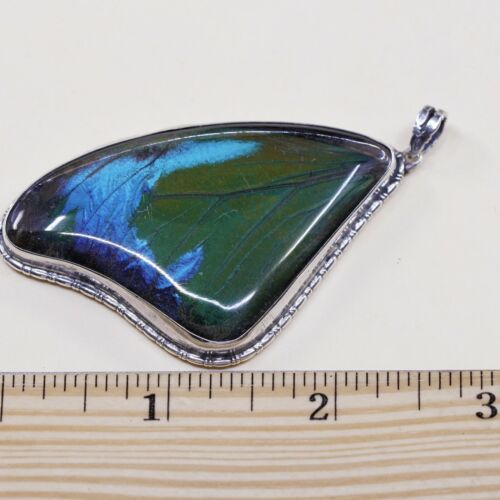 Vintage Sterling Silver Handmade Pendant, 925 With Resin Blue Butterfly Wing