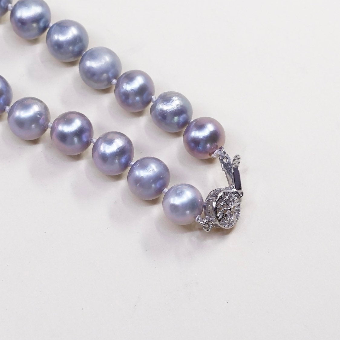 18", vtg handmade gray pearl beads necklace, 925 sterling silver insert clasp