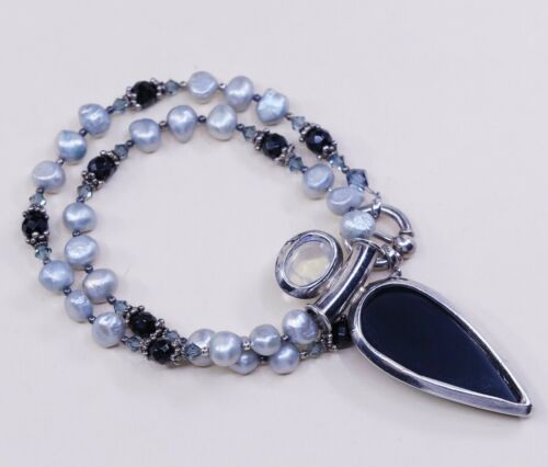 16” Handmade Sterling 925 Silver pearl Necklace W/ Obsidian Moonstone Pendant