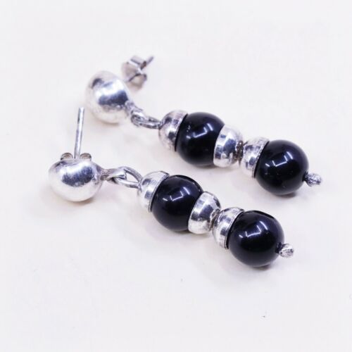 vtg Sterling silver handmade earrings, 925 w/ obsidian beads