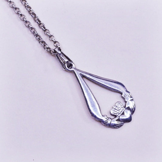 20”, sterling silver necklace, 925 circle chain claddagh heart Pendant