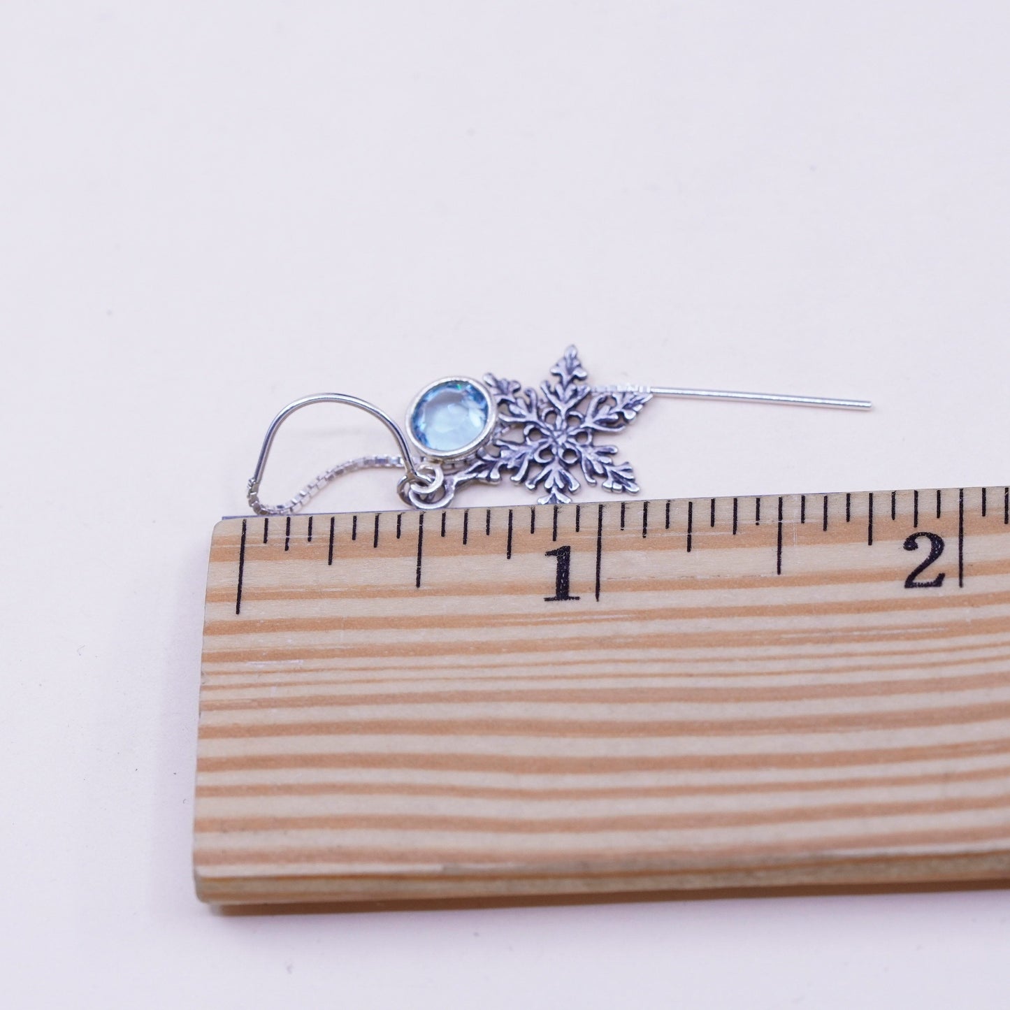 Vintage sterling silver handmade earrings, 925 snowflake drops with blue inlay