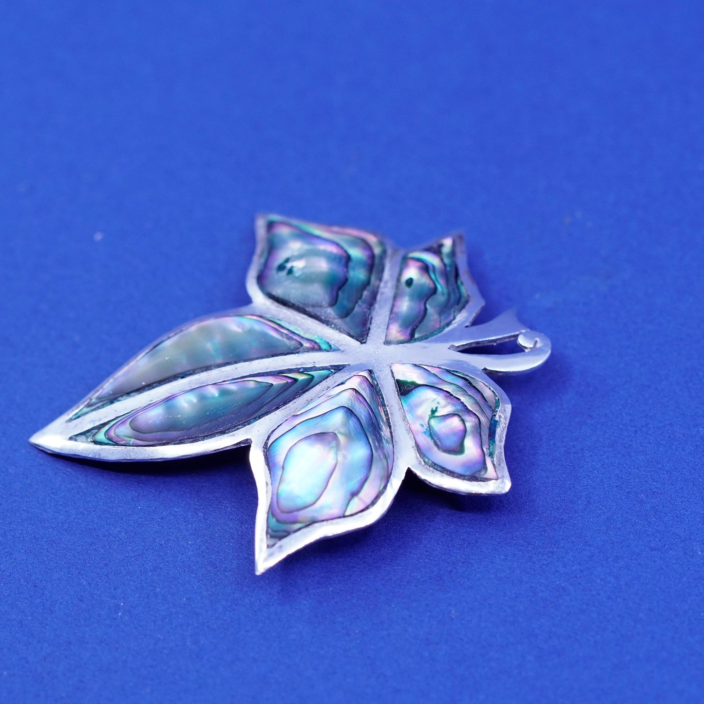 Vintage Taxco Sterling silver handmade brooch, 925 maple leaf pin abalone Inlay