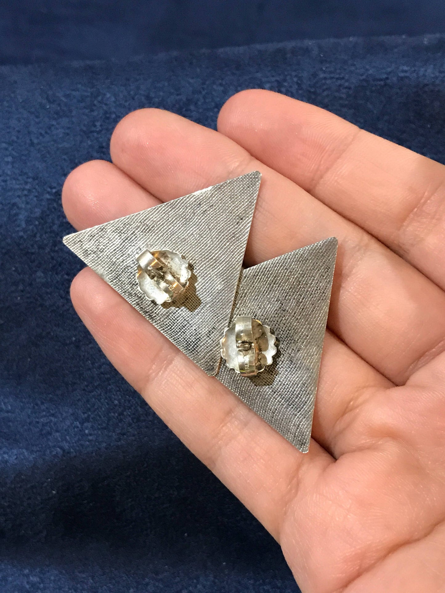 vtg Sterling silver handmade earrings, 925 triangular studs, stamped Mexico 925