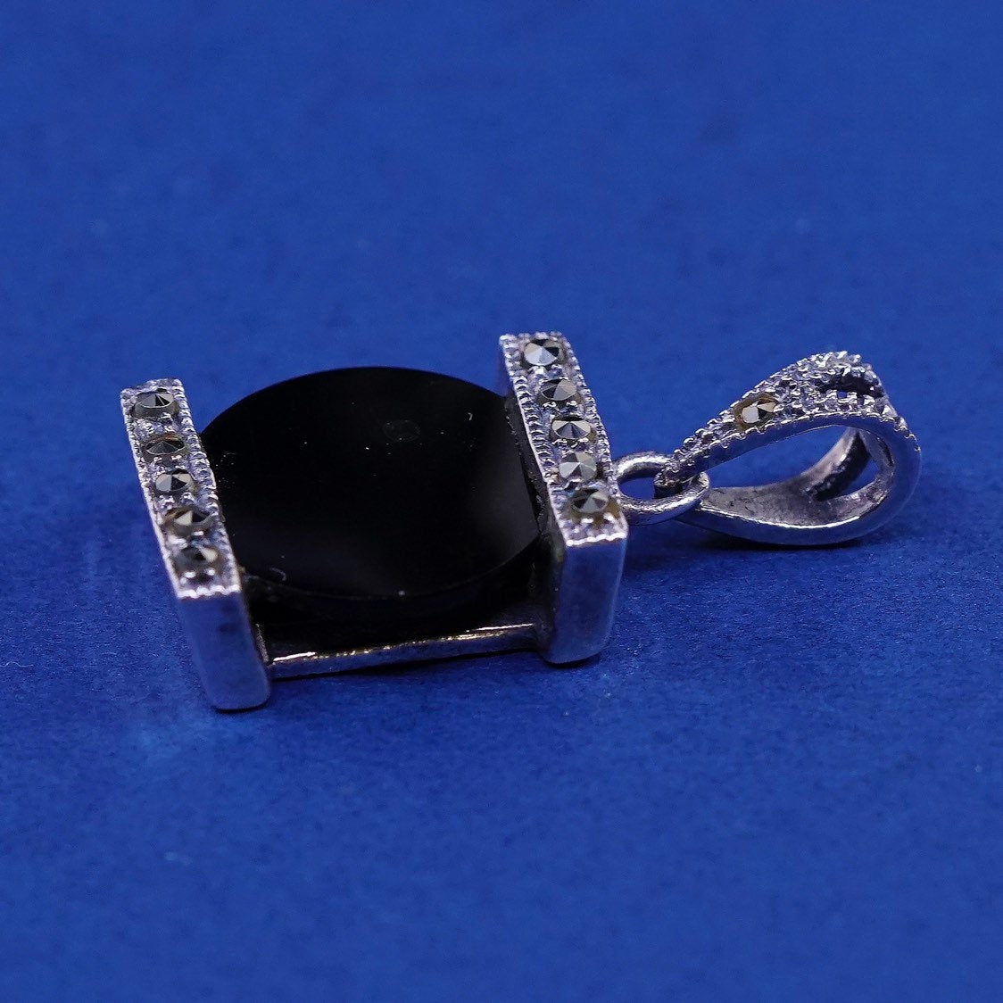 vtg sterling silver handmade pendant, 925 w/ obsidian N marcasite