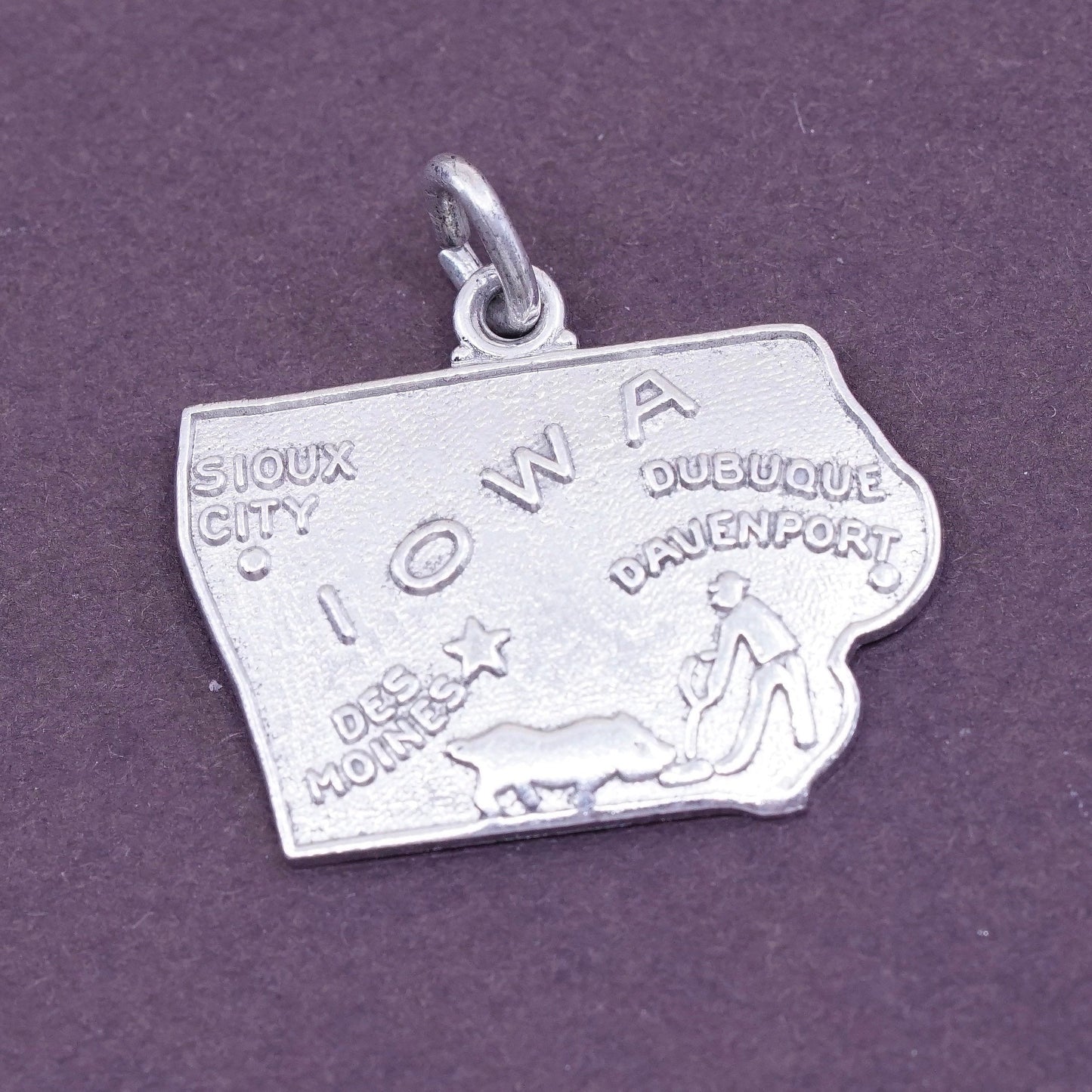 Vintage Sterling silver handmade charm, 925 silver pendant Iowa state tag