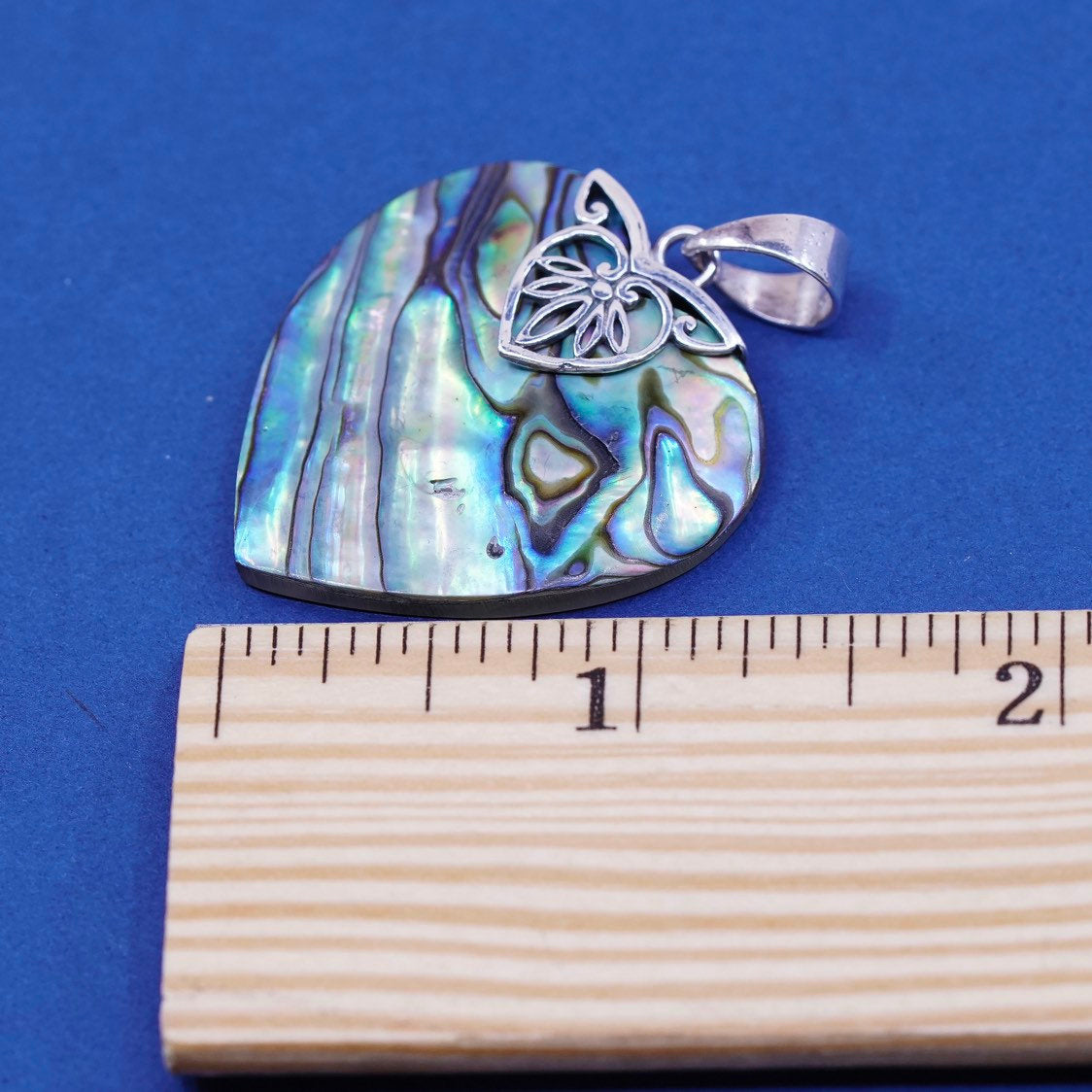 vtg Indonesia Sterling silver handmade pendant, 925 pendant w/ heart abalone