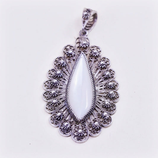 Vintage Sterling 925 silver handmade filigree pendant with marquise moonstone