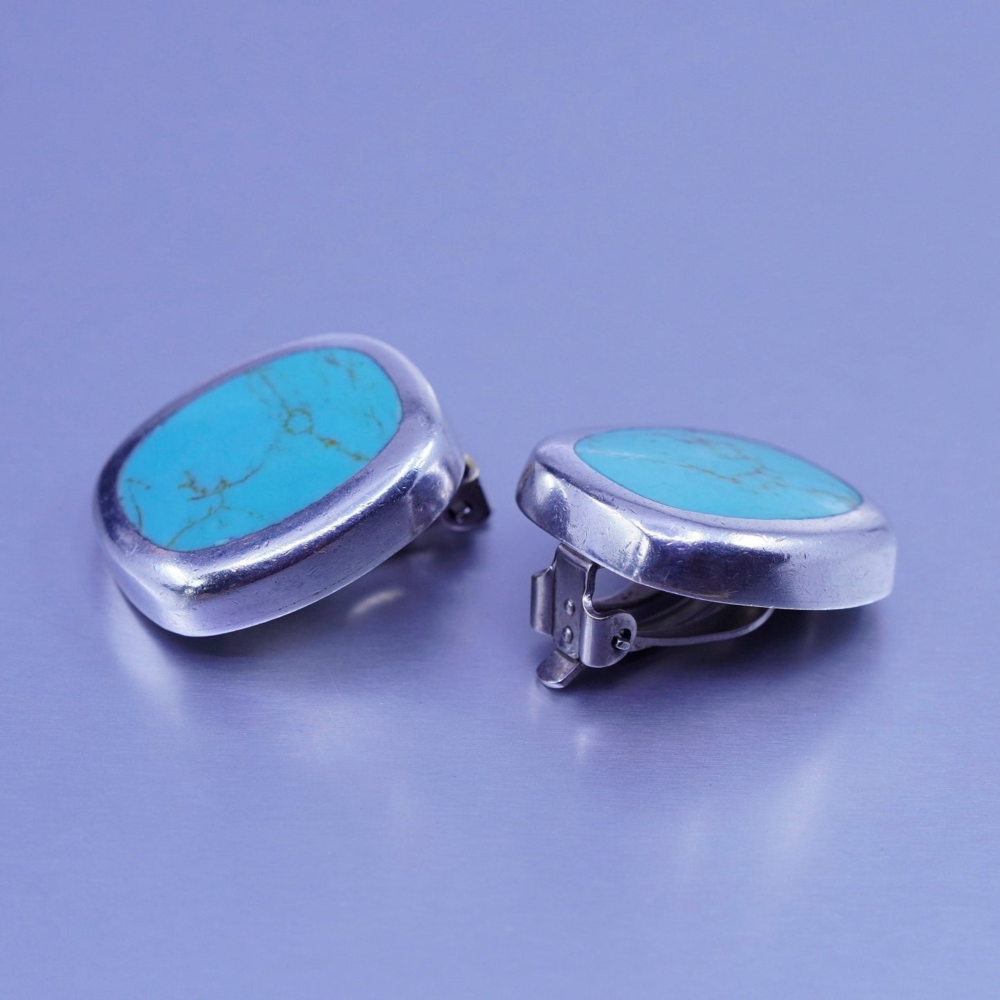 Mexico 925 silver handmade earrings, oval clip on with turquoise