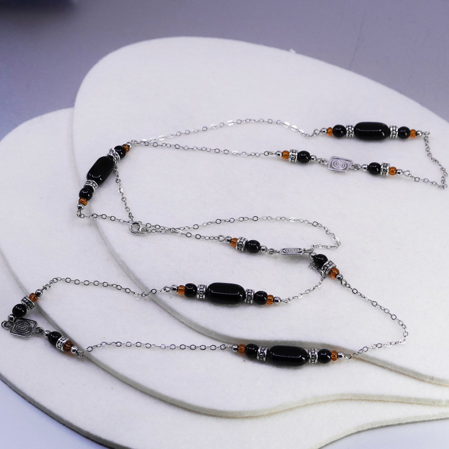 42”, Sterling 925 silver handmade extra long circle chain necklace w/ obsidian