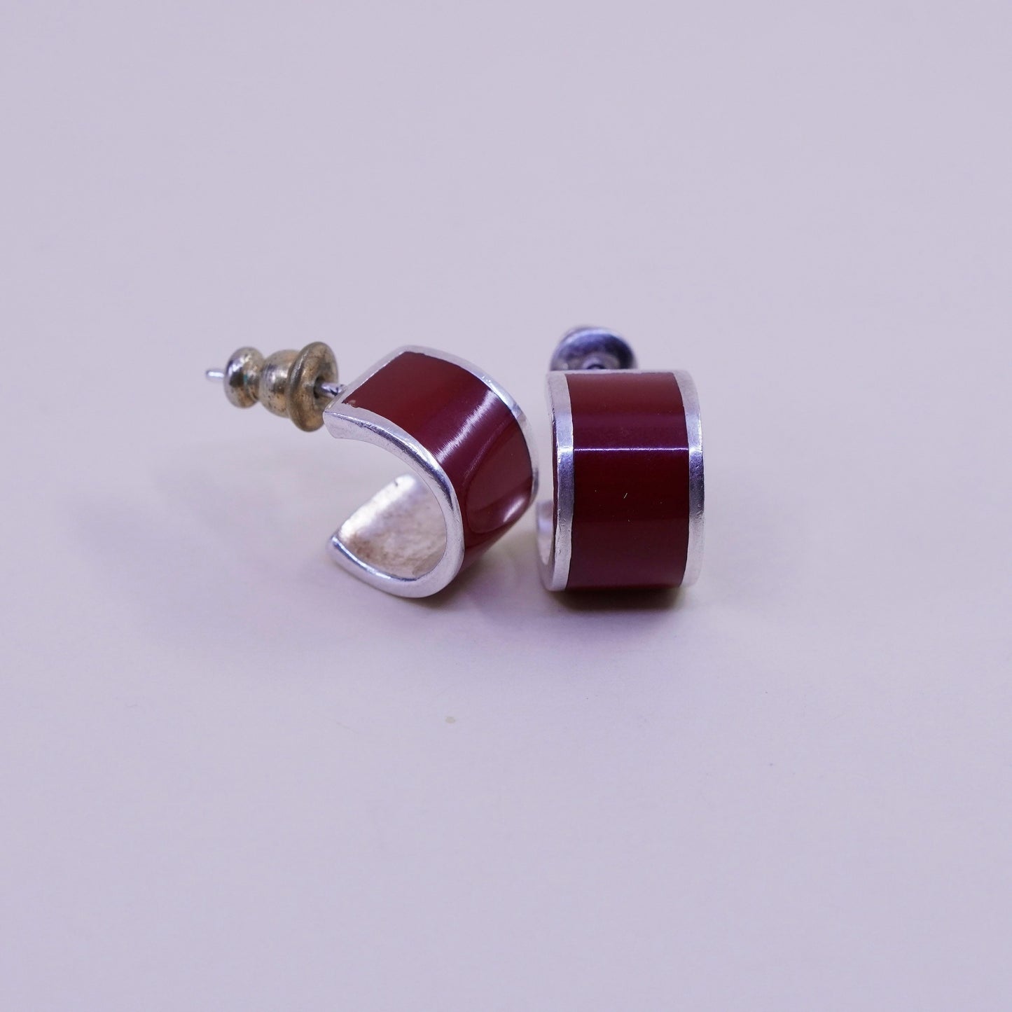 0.5”, Vintage sterling silver handmade hoops, 925 Huggie earrings w/ red enamel
