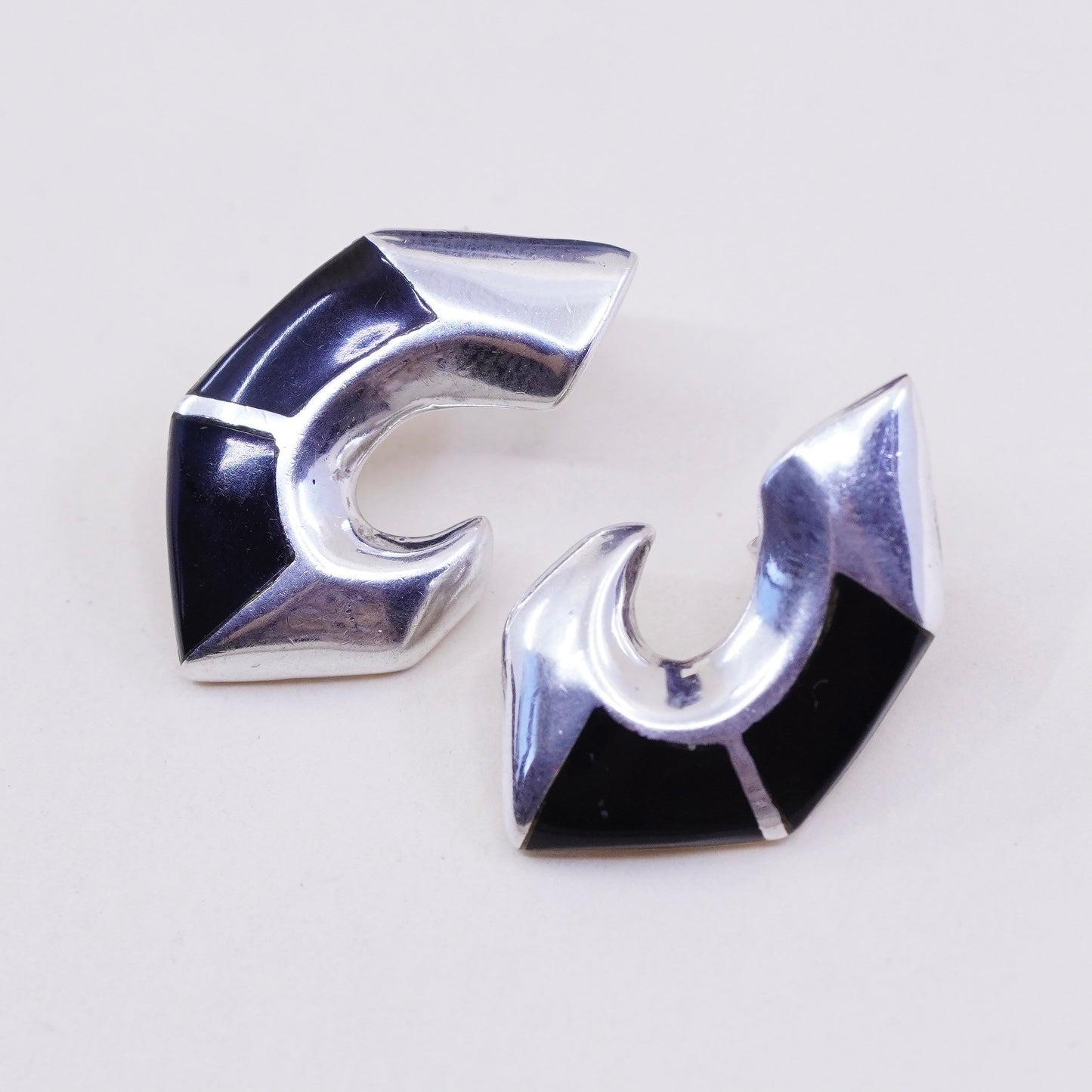 Vintage TCA Sterling 925 silver handmade earrings studs with obsidian, elegant