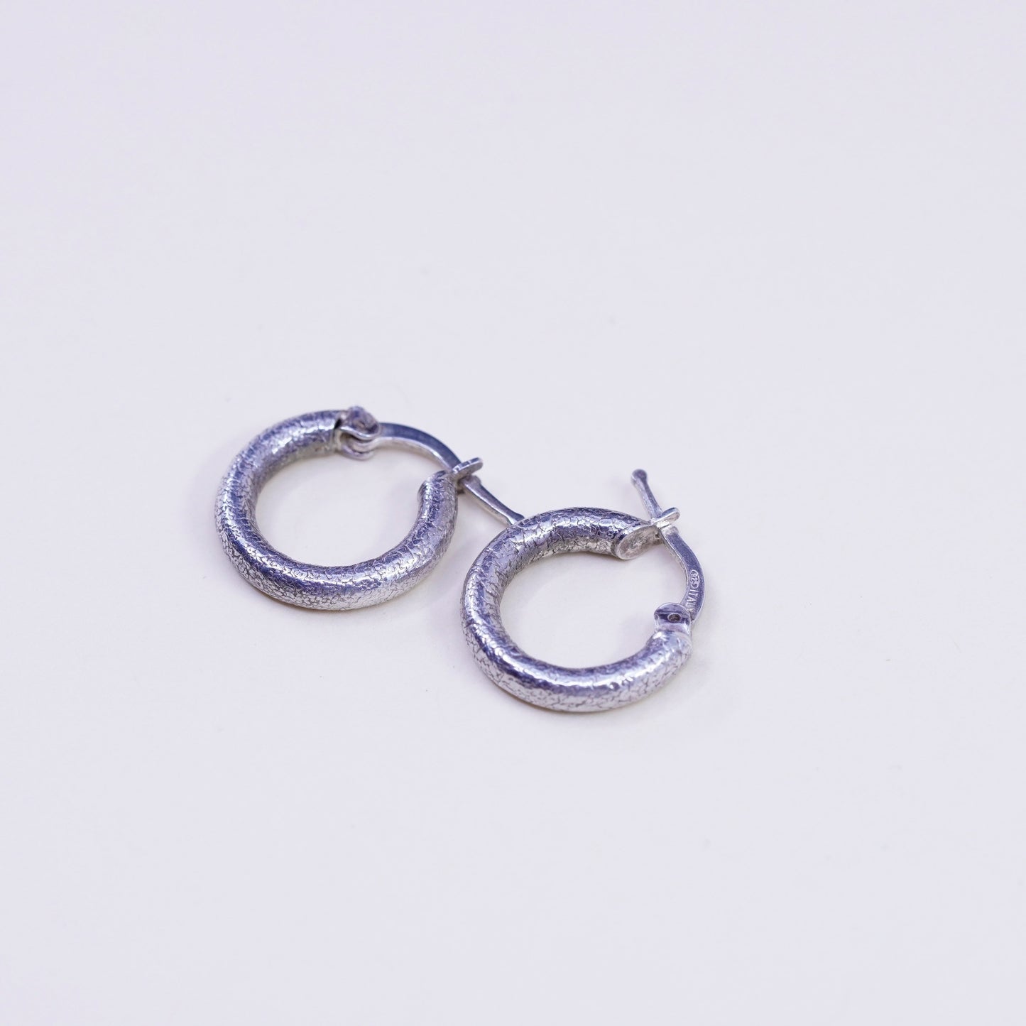0.5”, Vintage Italy sterling silver loop earrings, textured 925 hoops, huggie