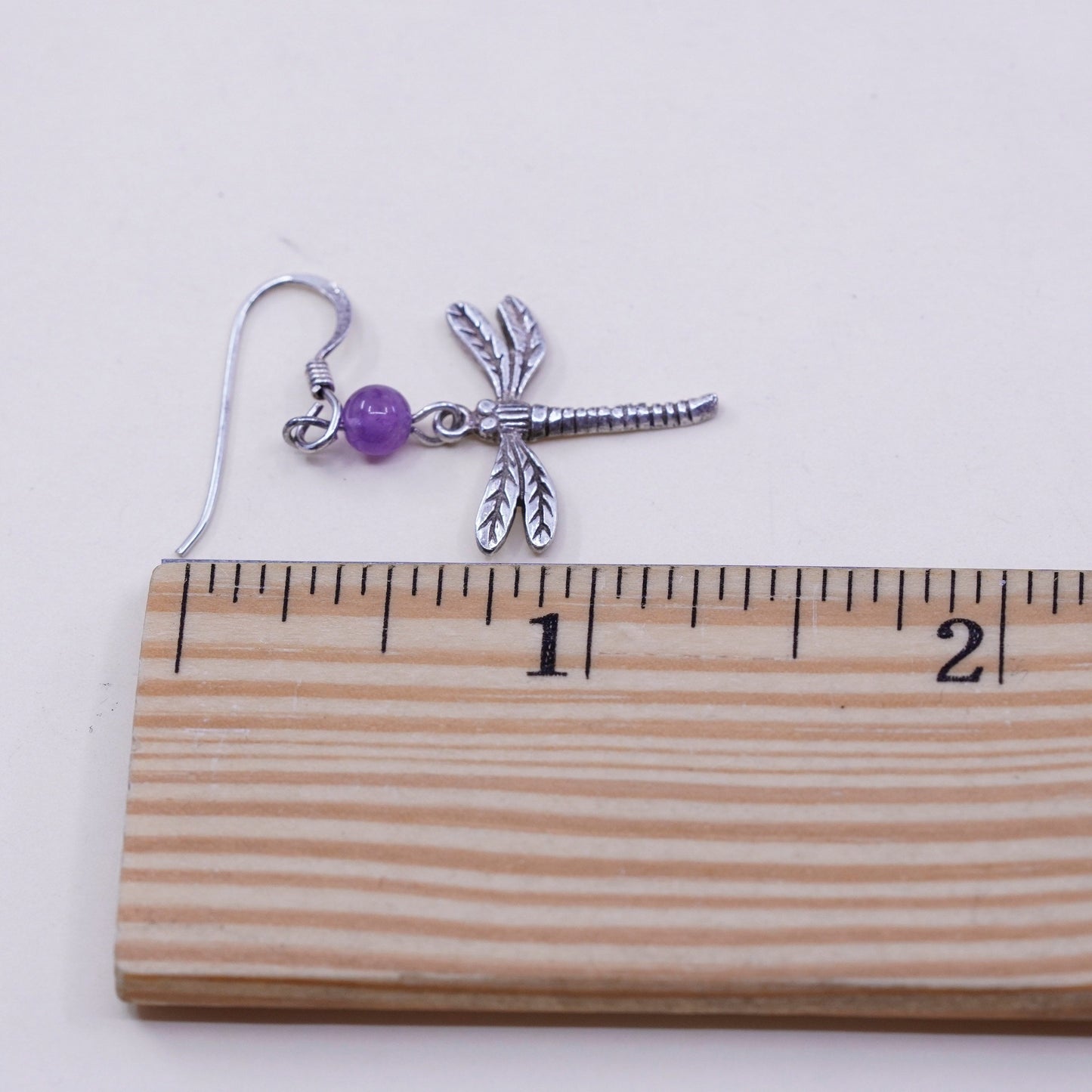 Vintage handmade sterling 925 silver dragonfly earrings with amethyst