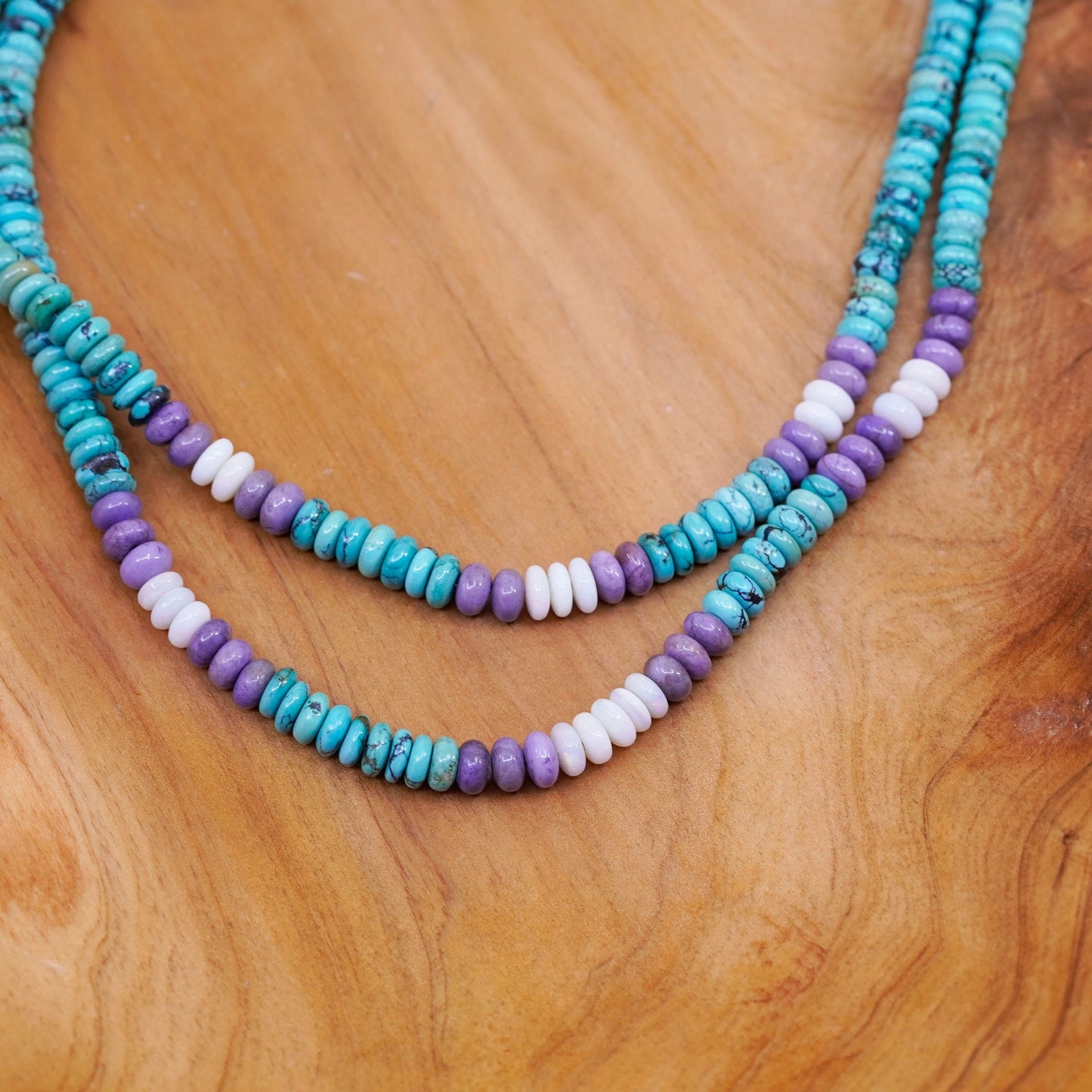 16”. Native American heishi strands necklace turquoise moonstone amethyst