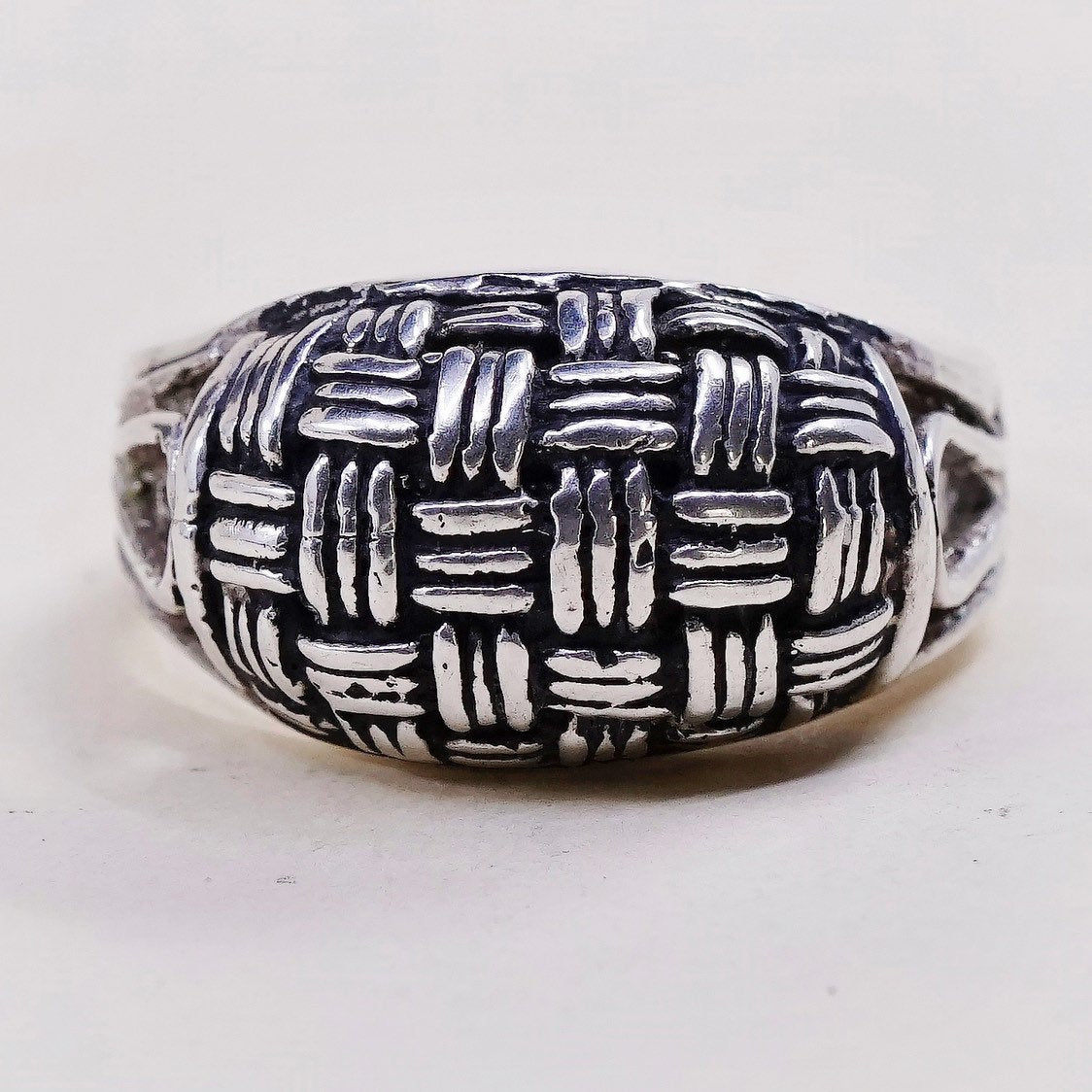 sz 9.25, vtg sterling silver handmade ring, Mexico 925 woven braided band