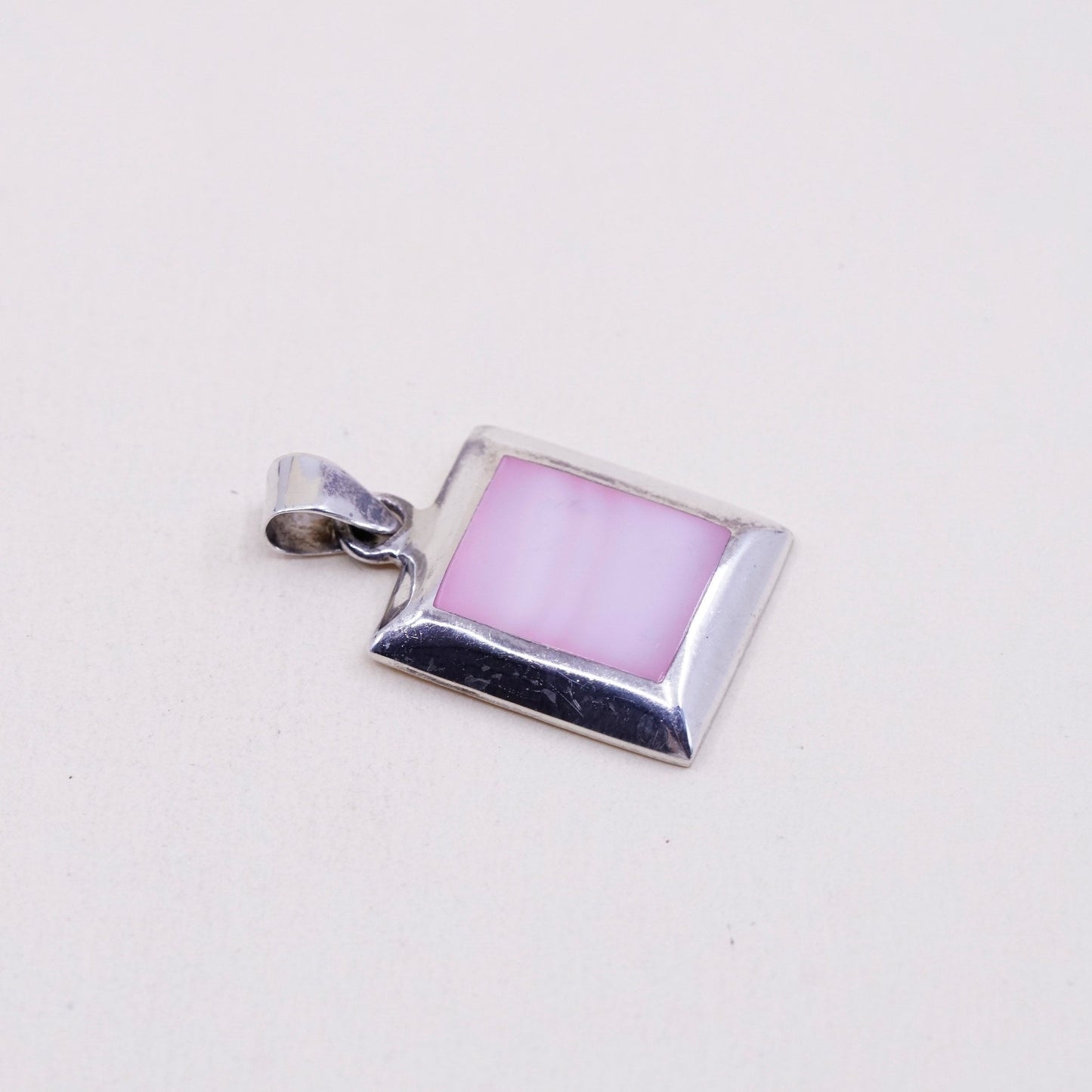 sterling silver handmade pendant, 925 square pendant with pink mother of pearl