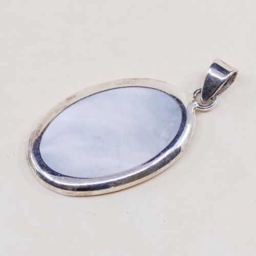 Vtg Sterling Silver Handmade Pendant W/ Oval Mop Inlay, Stamped 925