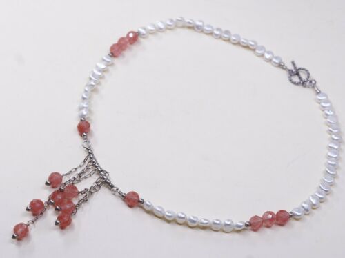 19”, Vtg 925 Sterling Silver Pink Rose Quartz Pearl Beads W/ Fringe Pendant