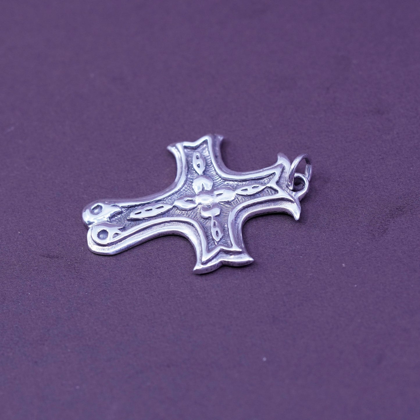 Vintage Sterling silver handmade pendant, big solid 925 embossed flower cross