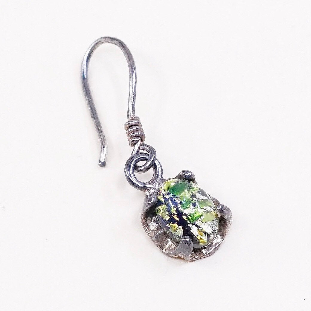 VTG Sterling silver handmade earrings, 925 hooks w/ green foiled glass drops