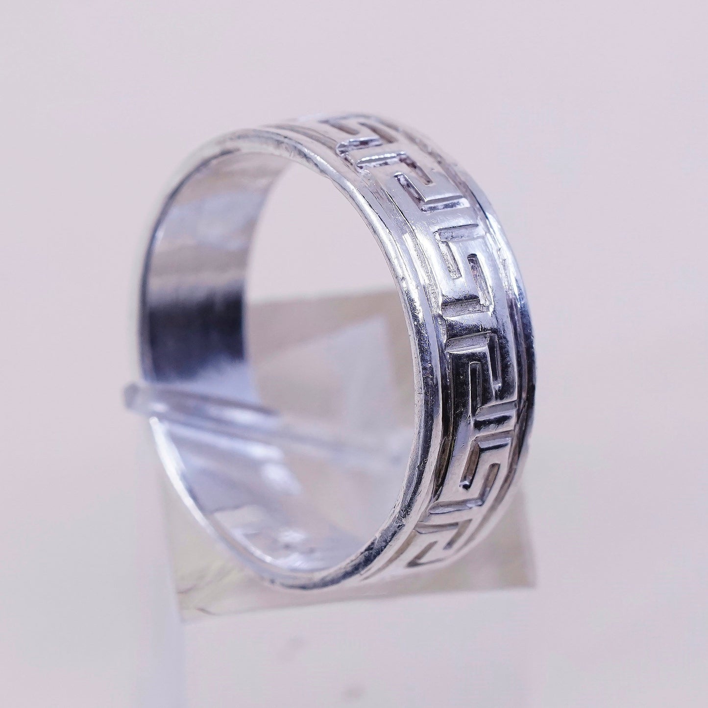 sz 10.25, vtg sterling silver handmade ring, Greek key 925 statement band