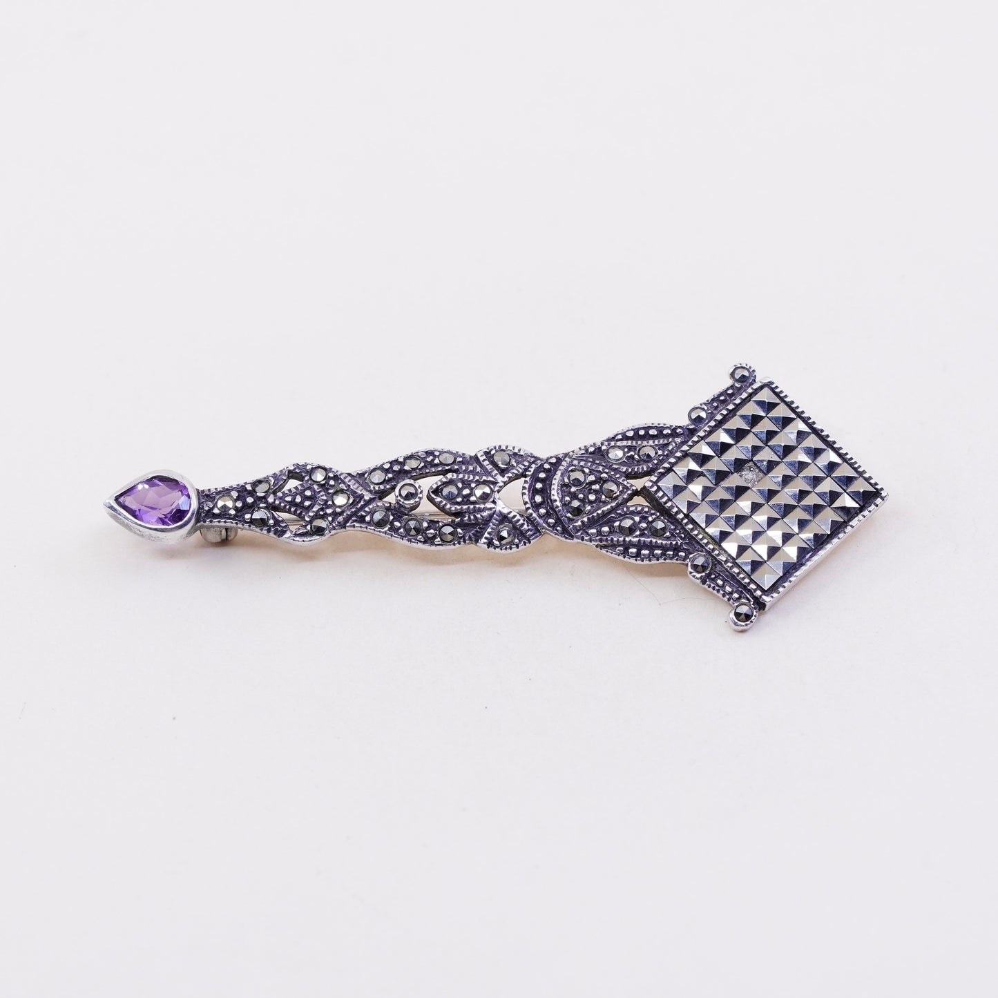 vtg Sterling silver handmade brooch, modern 925 pin with amethyst and marcasite