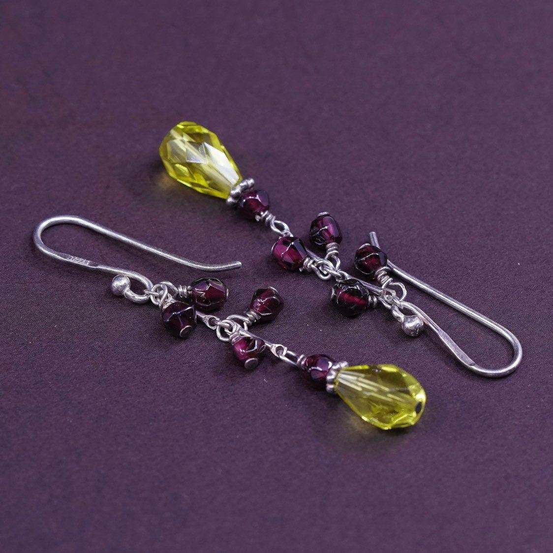 vtg Sterling silver earrings, 925 w/ garnet beads N teardrop citrine, dangle
