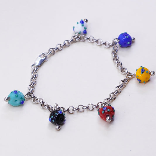 7.25”, 925 Sterling silver circle bracelet w/ artisan colorful glass beads