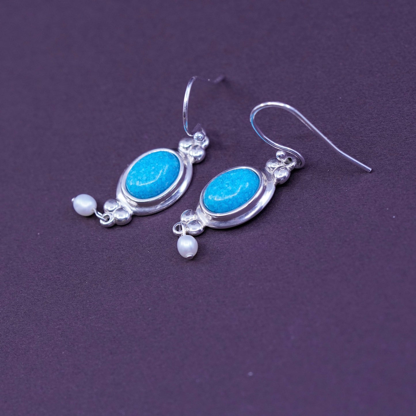 southwestern CCO Sterling 925 silver earrings with oval turquoise and pearl