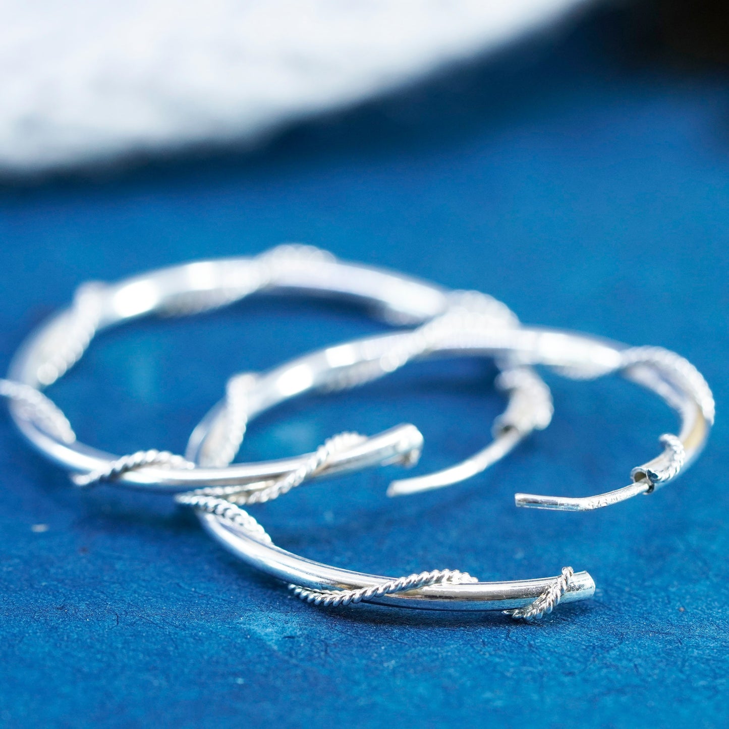 1.5”, vintage Sterling silver handmade hoop, 925 earrings with cable around