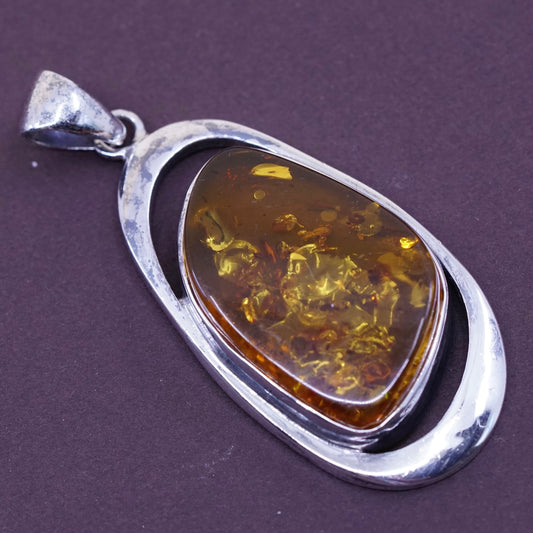 Vintage modern Sterling 925 silver handmade pendant with Amber pendant