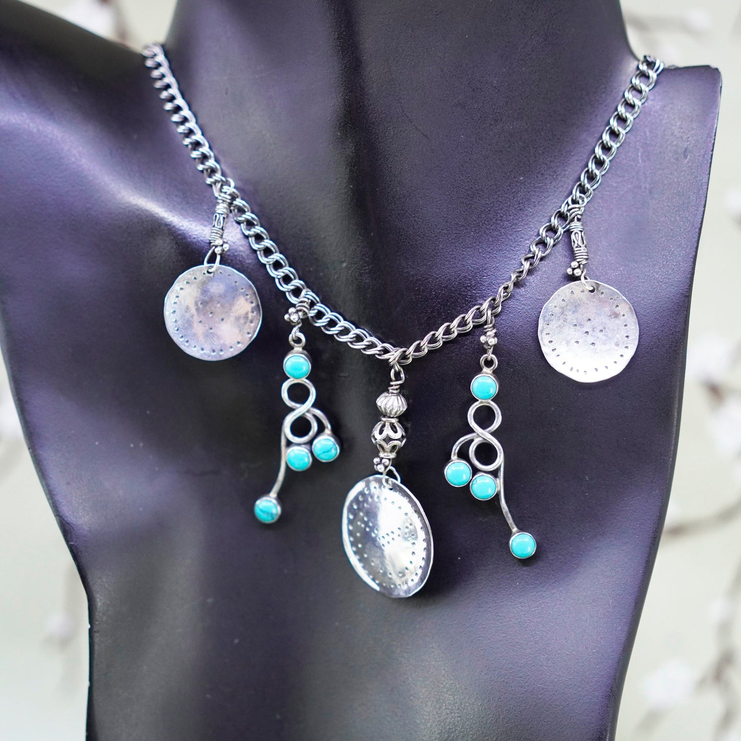 20”, Sterling 925 silver necklace, double curb chain with turquoise and discs