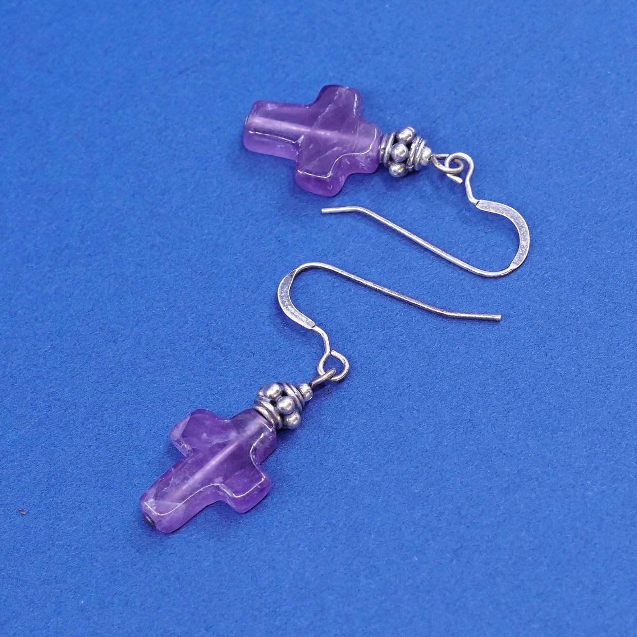 vtg sterling silver handmade earrings, 925 w/ amethyst cross dangles