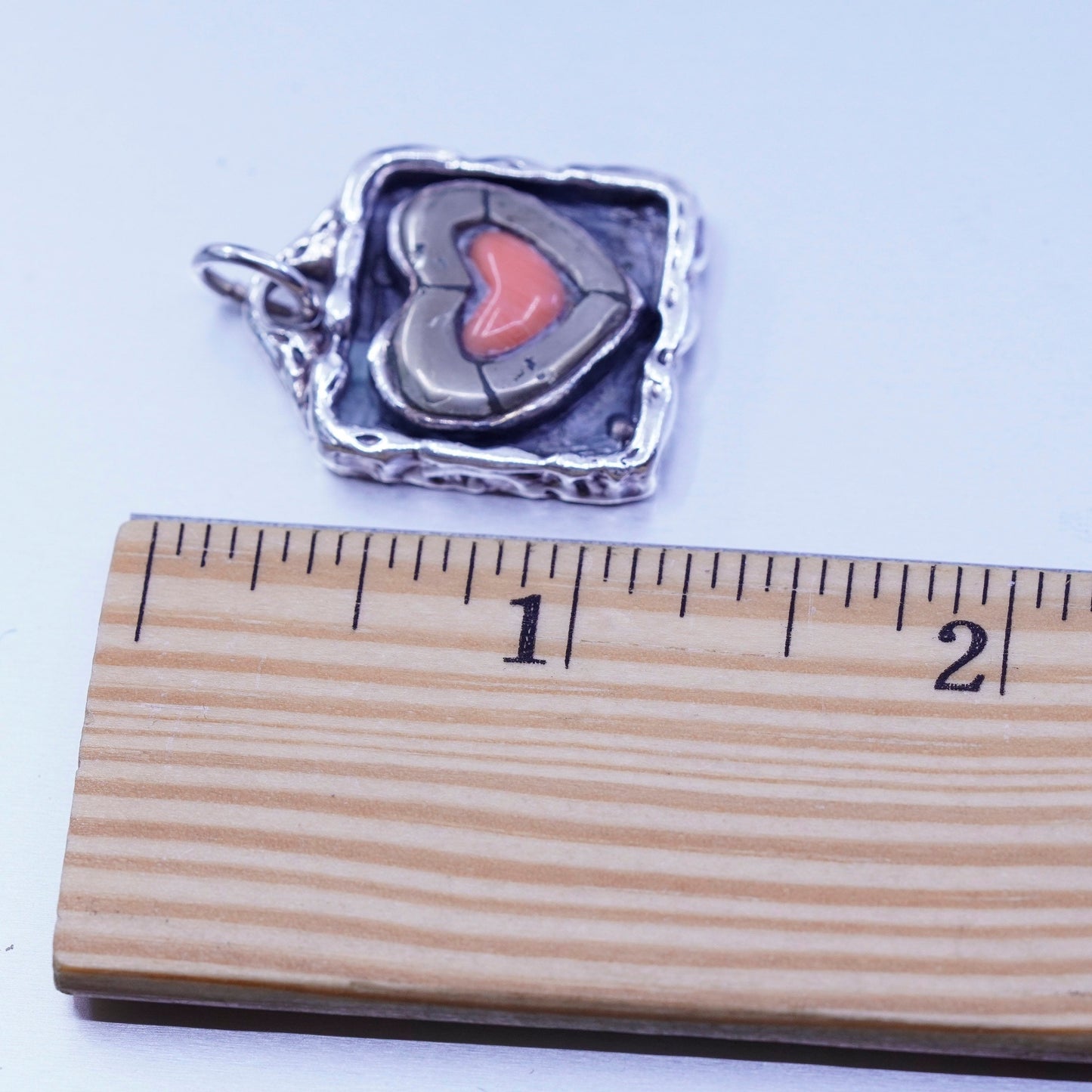 peyote bird sterling 925 silver rectangular pendant w/ hematite coral heart