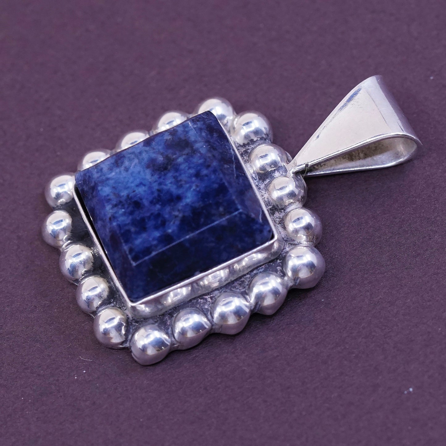 vtg Sterling silver handmade pendant, Mexico 925 w/ square sodalite N beads