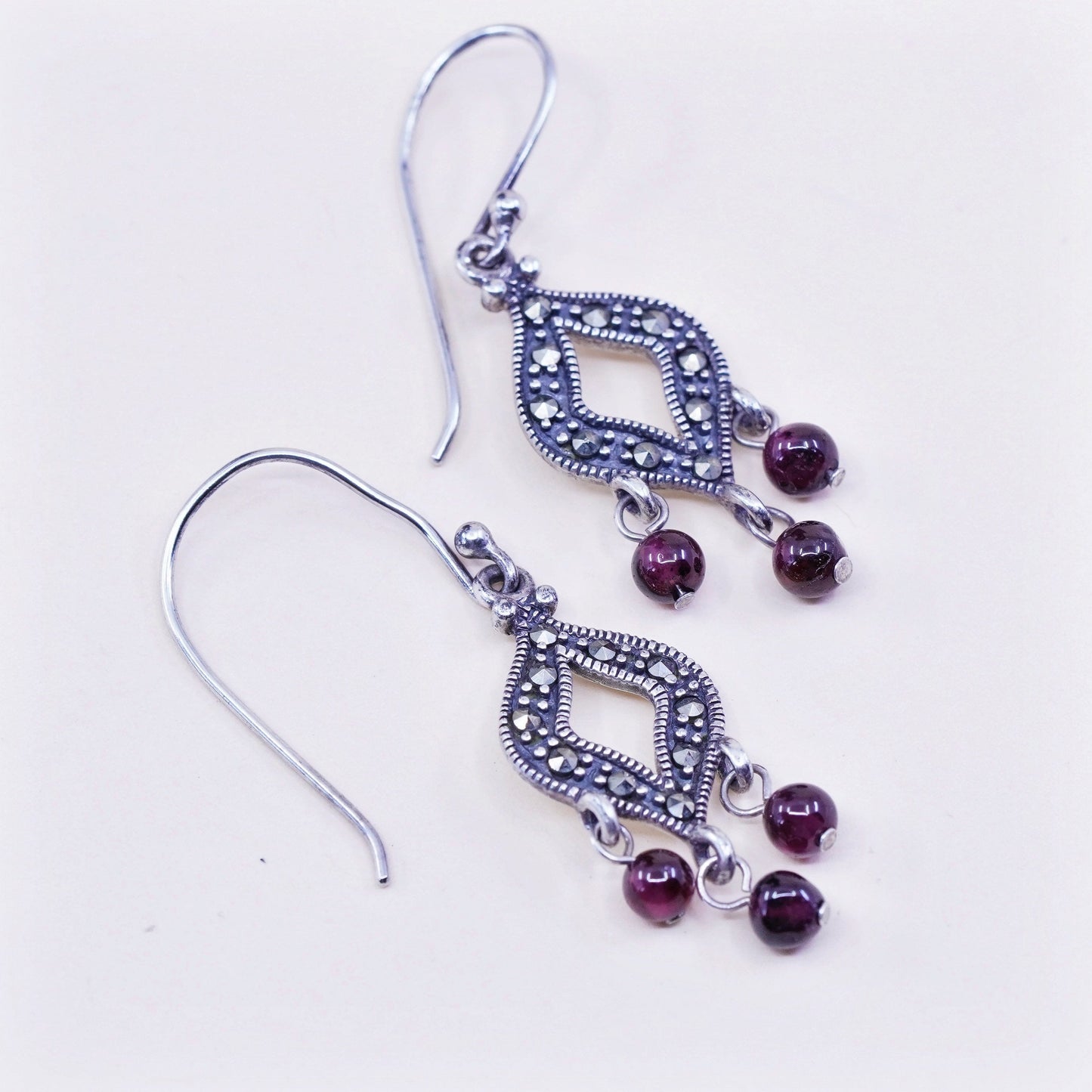 vtg Sterling silver handmade earrings, 925 Marquise with garnet and marcasite