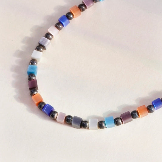 16”, Vintage sterling silver handmade necklace, colorful tiger eye cubes