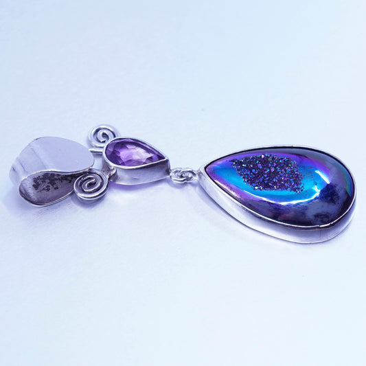 designer sterling 925 silver teardrop pendant amethyst blue metallic druzy