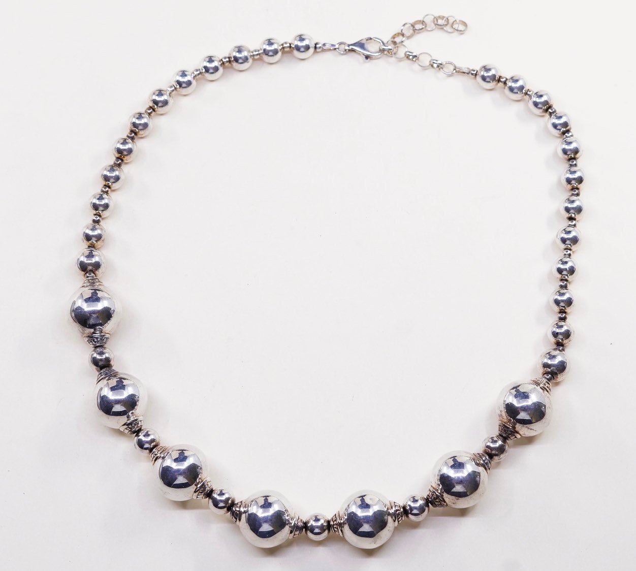 18”+2”, vtg sterling silver handmade graduated beads necklace, 925 chain