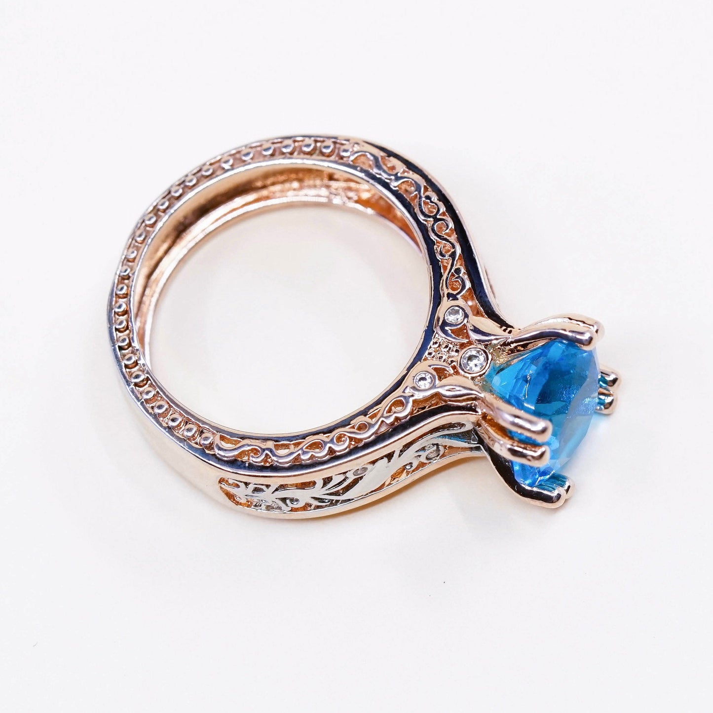 sz 8, Vermeil rose gold over Sterling silver ring, 925 w/ blue topaz N diamond