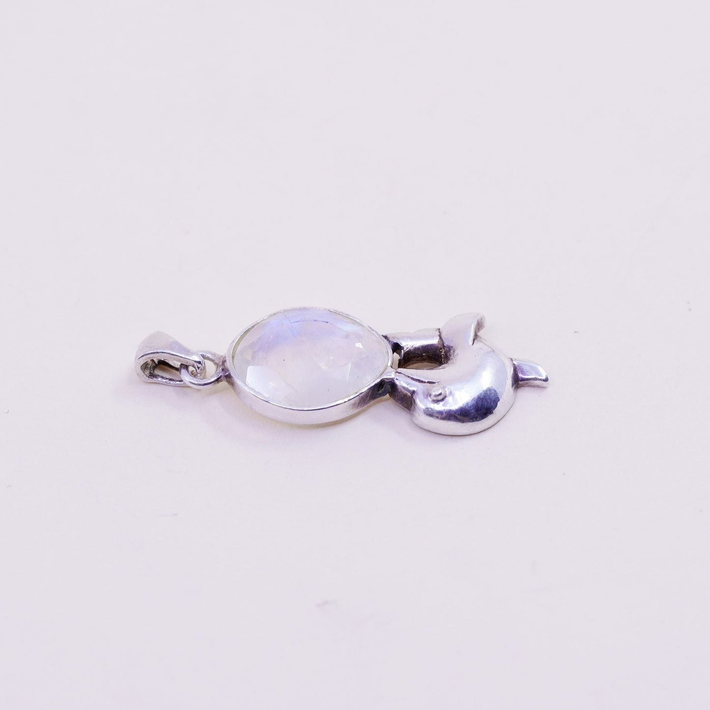 Vintage Sterling 925 silver handmade dolphin pendant with moonstone