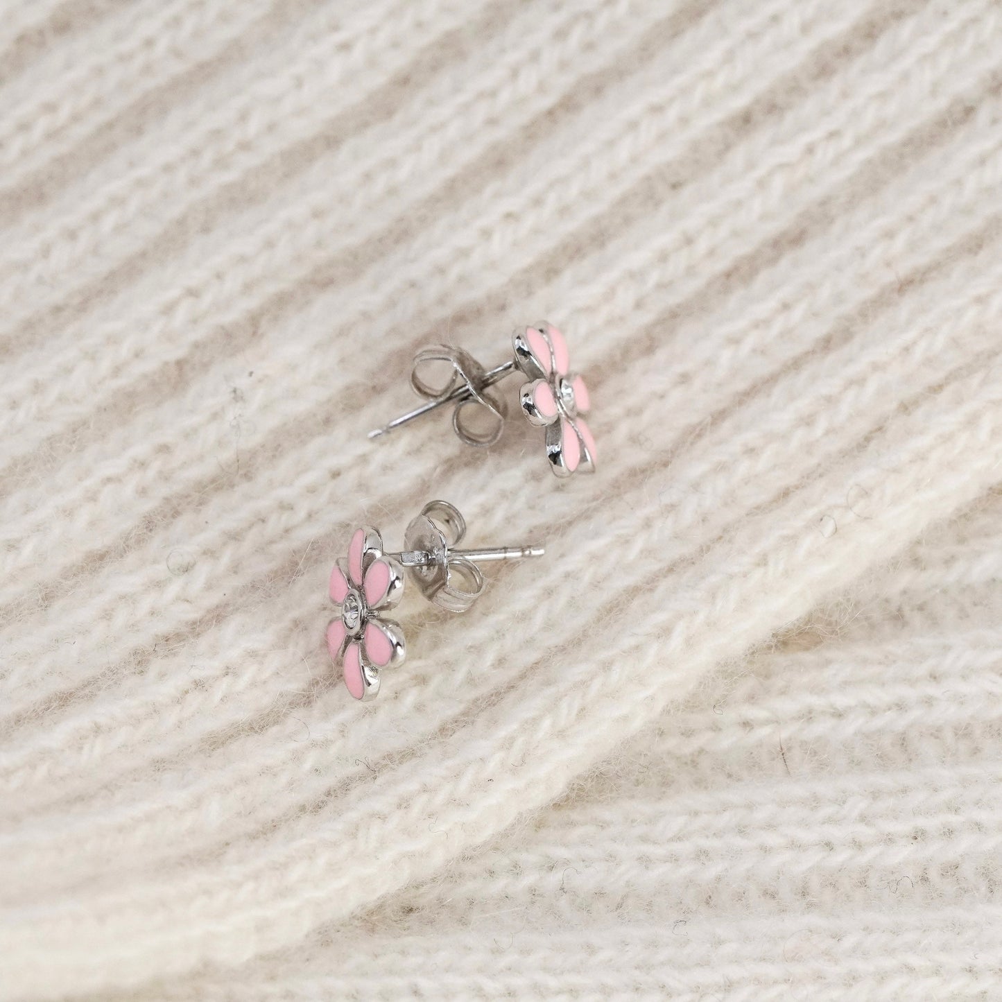 Vintage sterling 925 silver pink enamel plumeria flower studs with clear cz