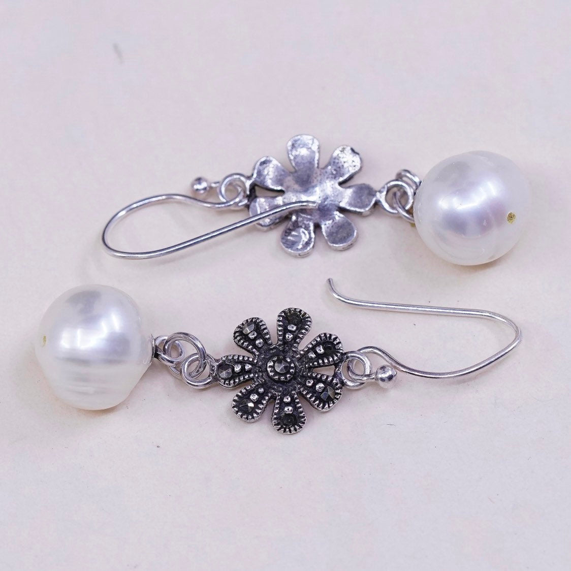 vtg Sterling silver handmade earrings, 925 flower w/ Marcasite n pearl beads